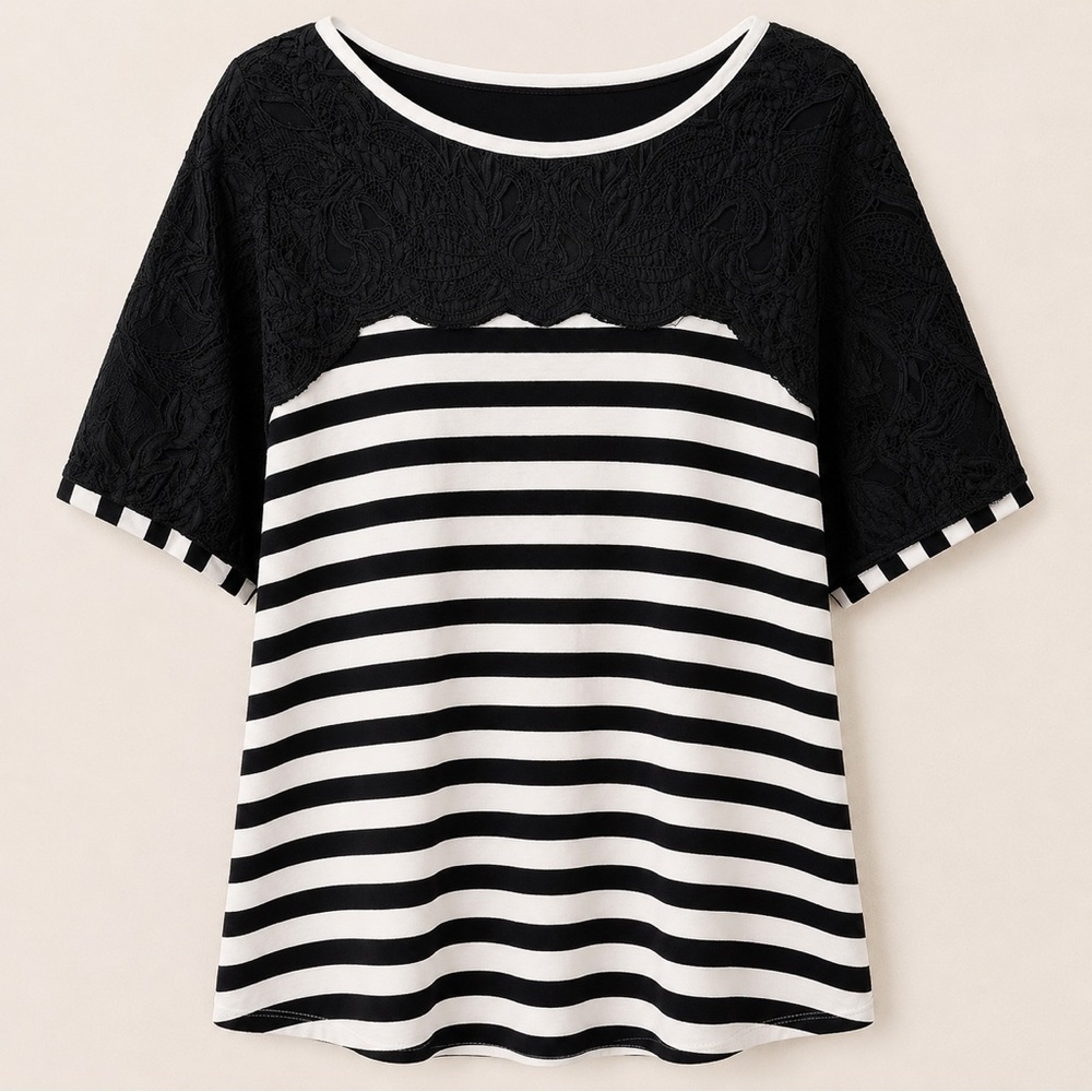 Chico's Black and White Striped Short Sleeve Top with Textured Yoke